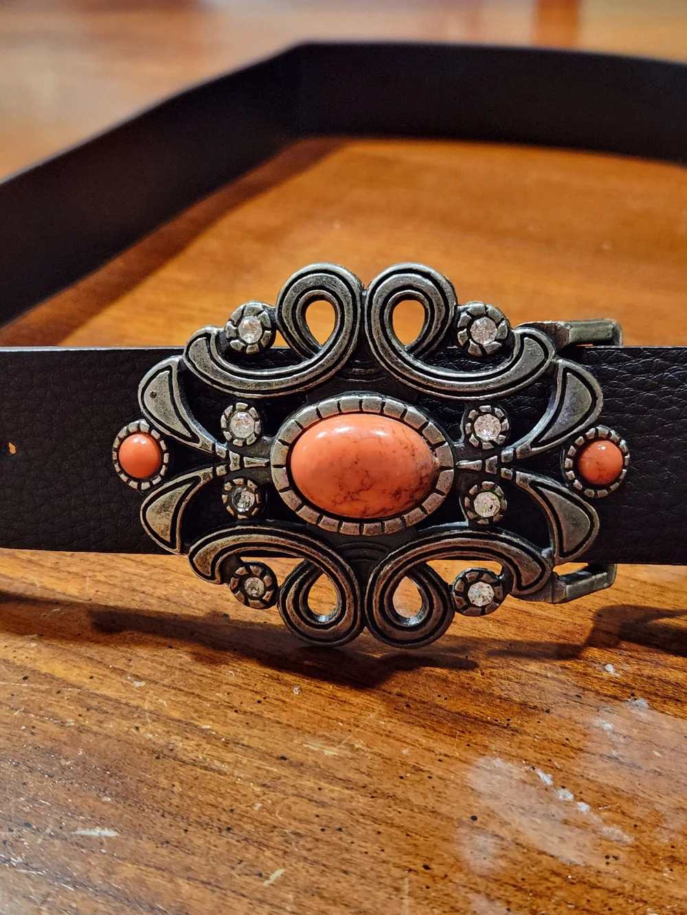 Vintage Leather Women's Belt with Coral Accent Buckle - Black Size 12
